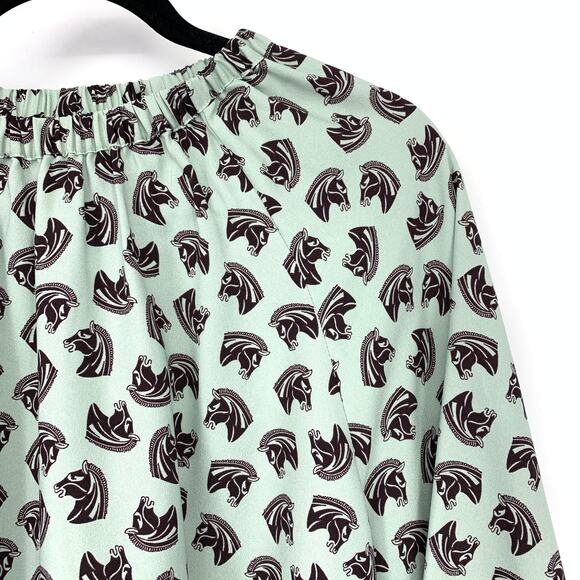 Ann Taylor Flared Sleeve Horse Print Top Womens Size Medium Light Blue Maroon - Picture 3 of 6